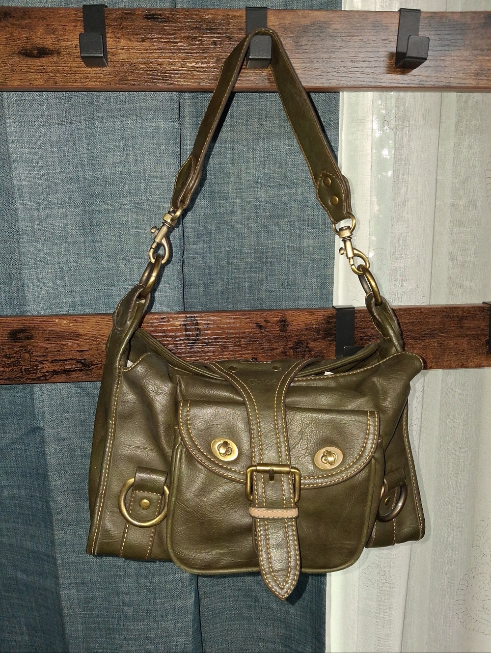 Chloe Olive Green Leather Shoulder Bag with Front Buckle